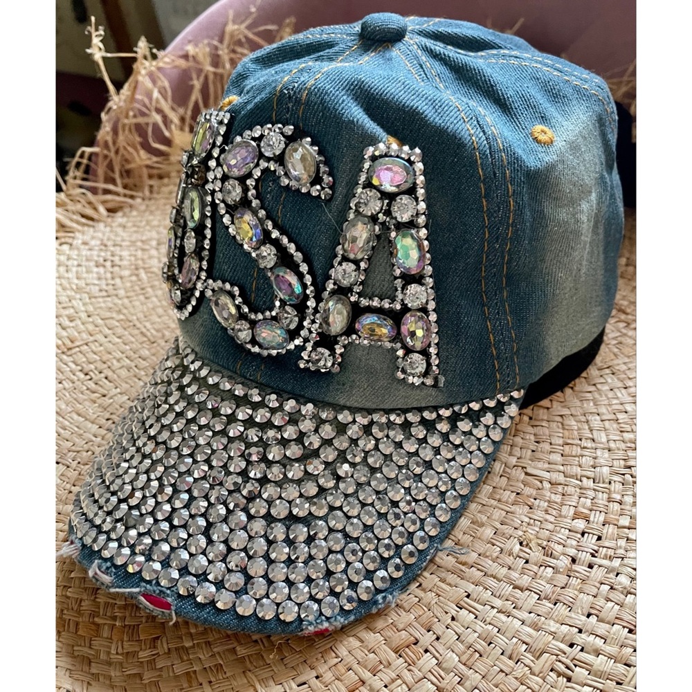 Jeans Rhinestones Crystals USA Frayed Hat Cap